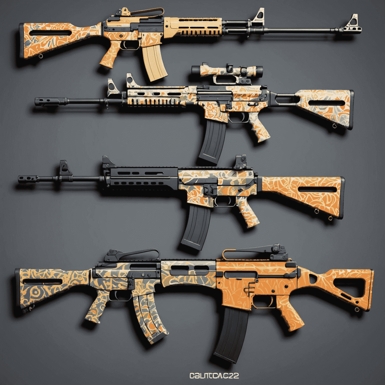 Коллаж из различных скинов оружия CS2, включая AWP, AK-47 и M4A4 с яркими дизайнами и редкими узорами